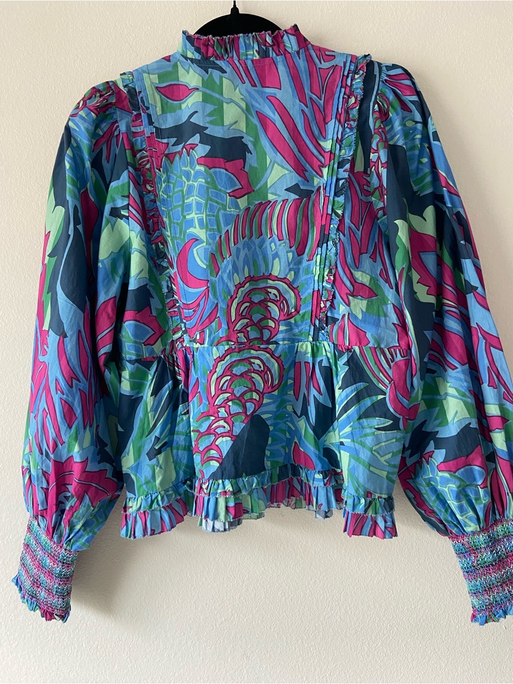 Love the Label Tropical Print Ruffle Blouse Top Boho Puff Sleeve Size M - Picture 7 of 13